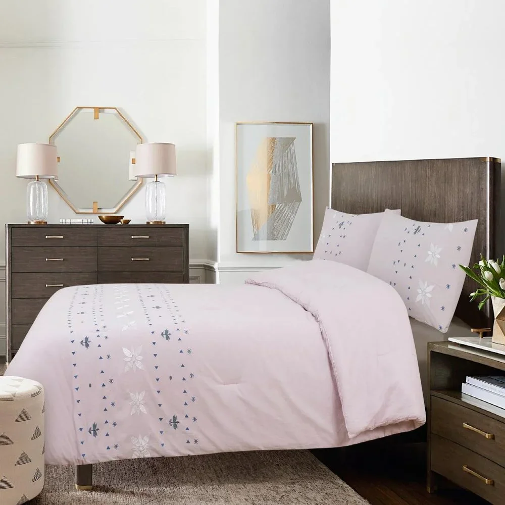 3-piece PINK Wild Sage Alana Embroidered Geometric FULL / QUEEN Duvet Cover Set